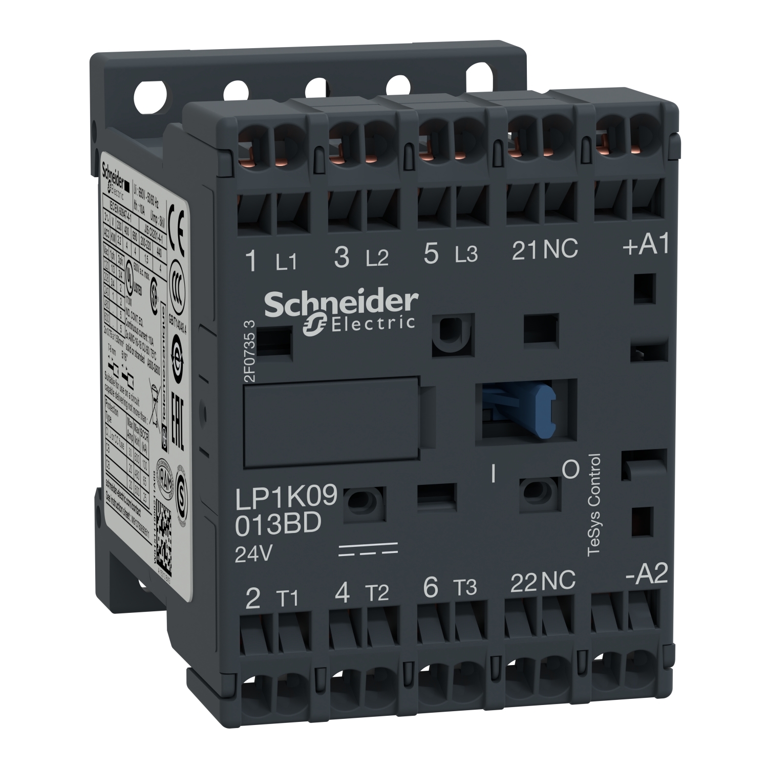 Contactor, TeSys K, 3P, AC-3, lt or eq to 440V, 9A, 1 NC aux, 24VDC coil