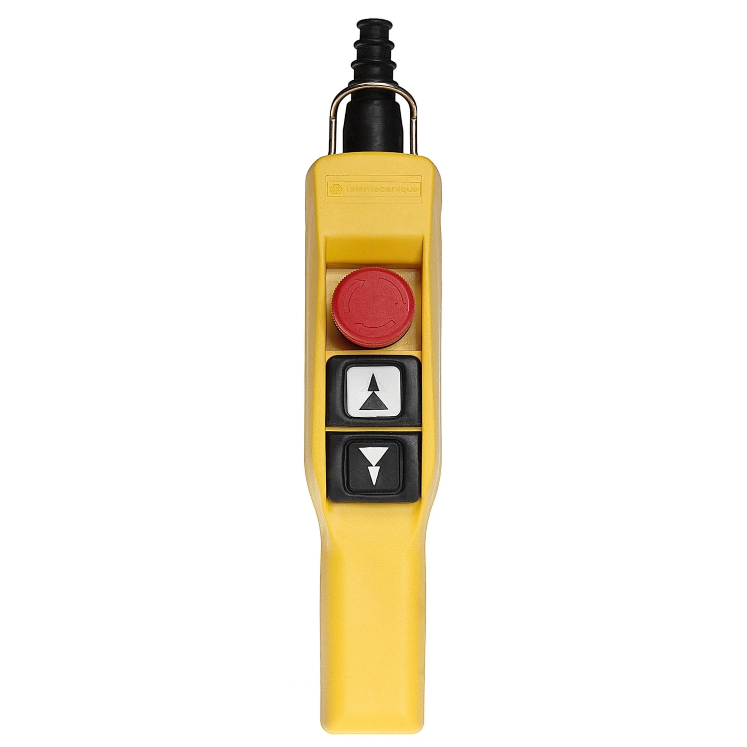 Pendant control station, Harmony XAC, plastic, yellow, pistol grip, 2 booted push buttons with 2NO, 1 emergency stop NC