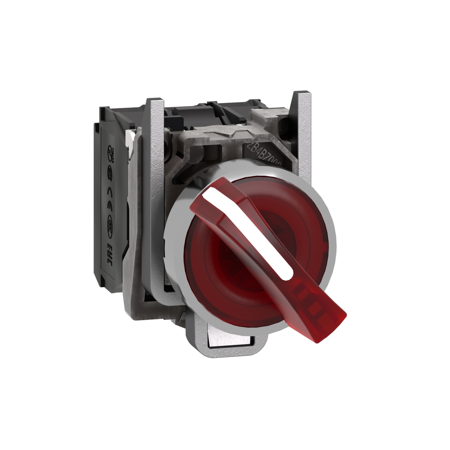 Illuminated selector switch, Harmony XB4, metal, red handle, 22mm, universal LED, 2 positions, 1NO + 1NC, 110...120V AC