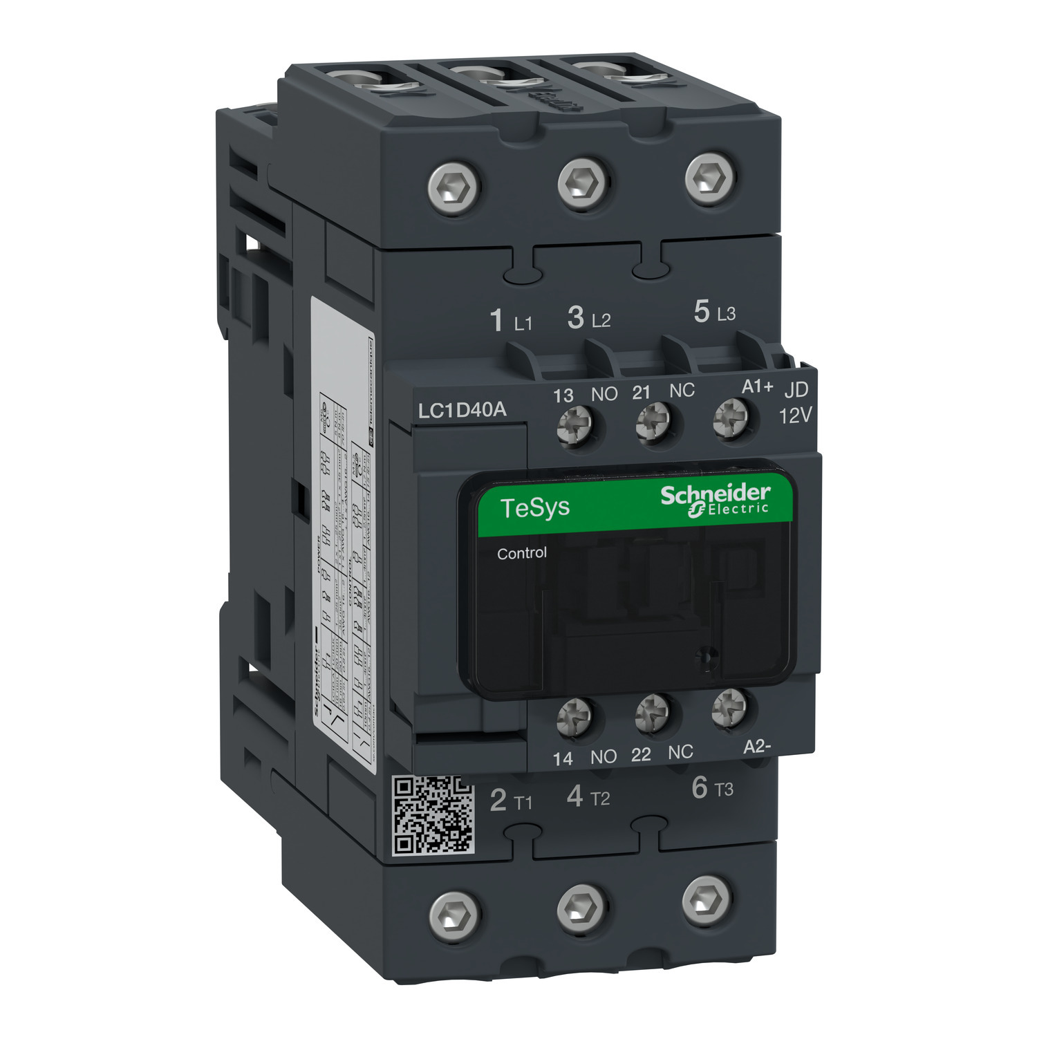 IEC contactor, TeSys Deca, nonreversing, 40A, 30HP at 480VAC, up to 100kA SCCR, 3 phase, 3 NO, 12VDC coil, open style