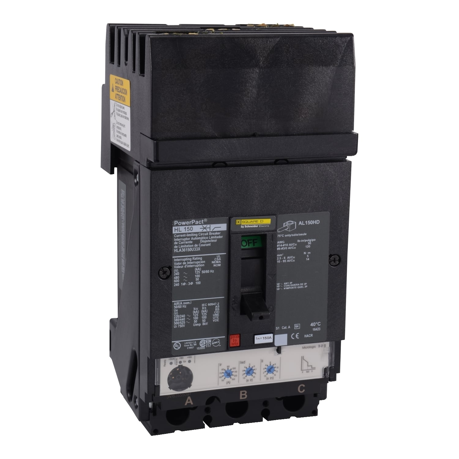 Circuit breaker, PowerPacT H, 150A, 3 pole, 600VAC, 50kA, I-Line, Micrologic 3.2S, 80%, ABC