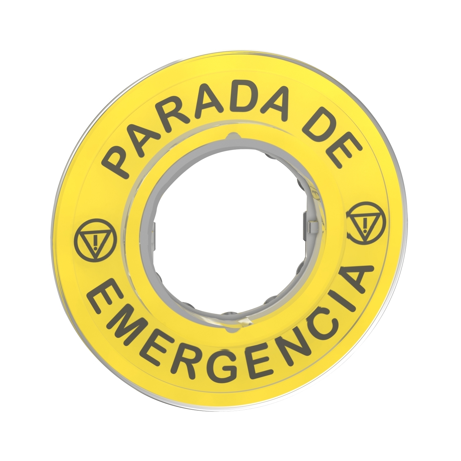 Legend, Harmony XB4, plastic, yellow, 90mm, for emergency stop, marked PARADA DE EMERGENCIA with logo ISO13851