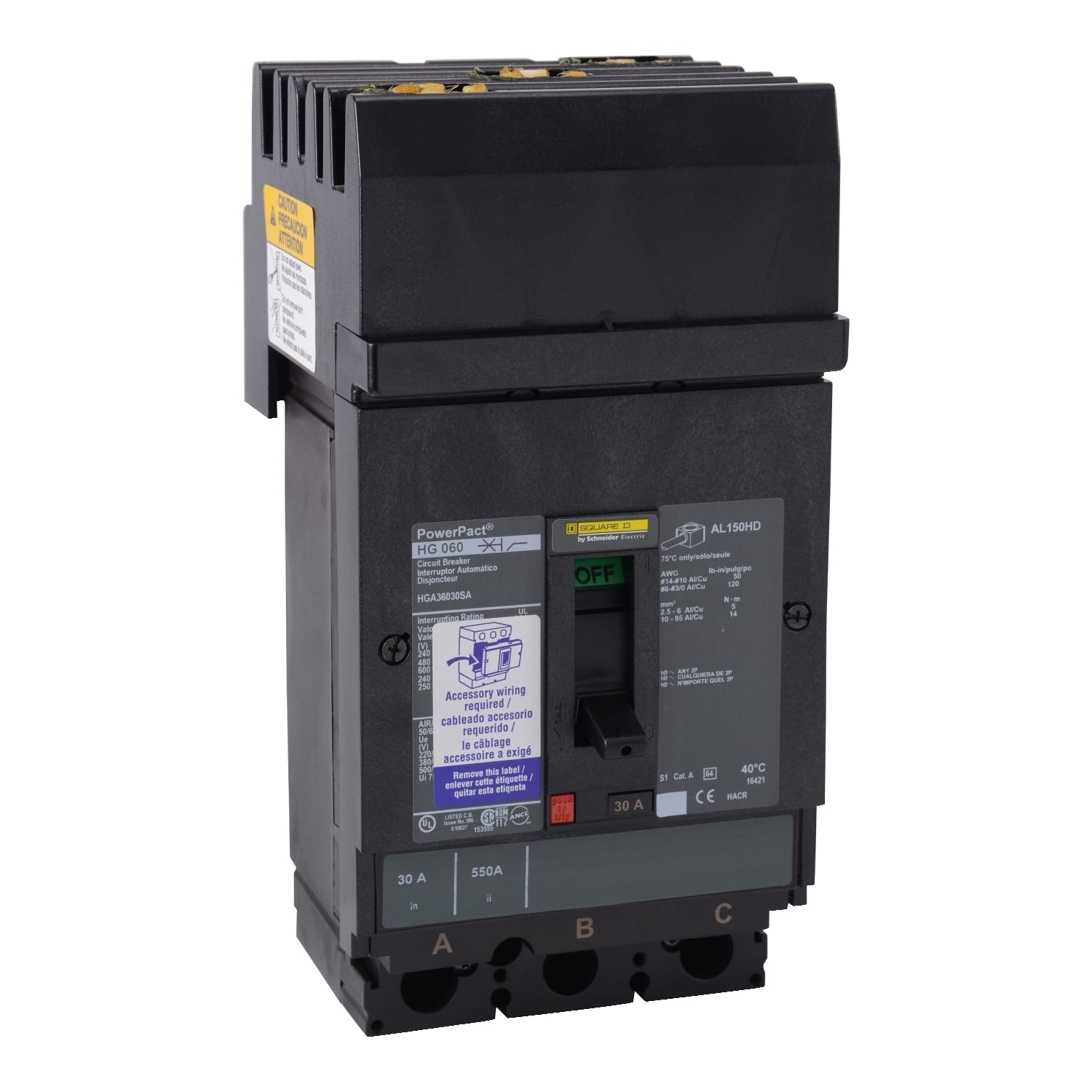 Circuit breaker, PowerPacT H, 60A, 3 pole, 600VAC, 18kA, I-Line, Micrologic 6.2E, 80%, ABC