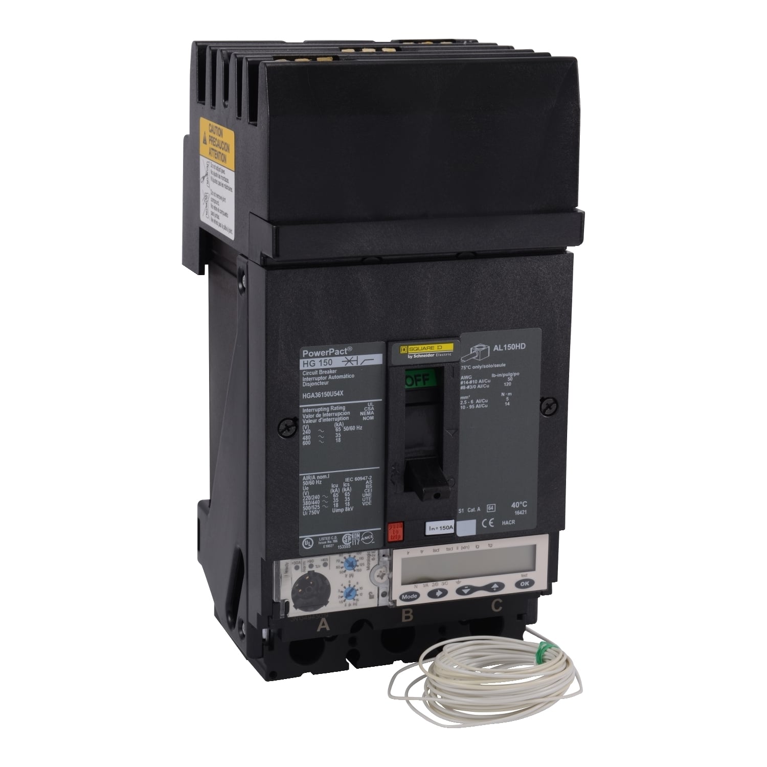 Circuit breaker, PowerPacT H, 150A, 3 pole, 600VAC, 18kA, I-Line, Micrologic 6.2E, 80%, ABC