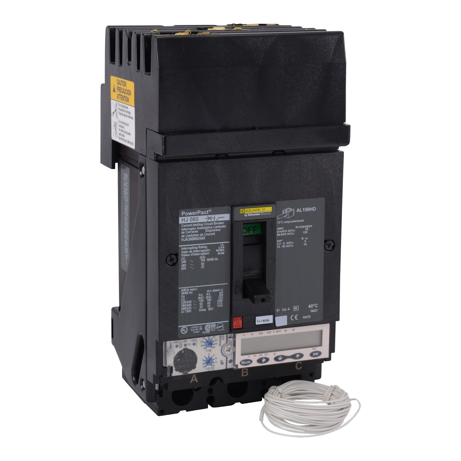 Circuit breaker, PowerPacT H, 60A, 3 pole, 600VAC, 25kA, I-Line, Micrologic 6.2E, 80%, ABC