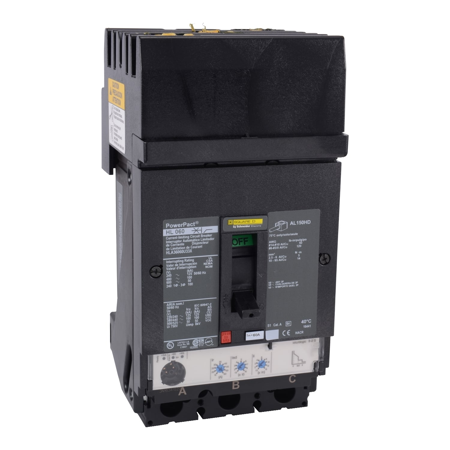Circuit breaker, PowerPacT H, 60A, 3 pole, 600VAC, 50kA, I-Line, Micrologic 3.2S, 80%, ABC