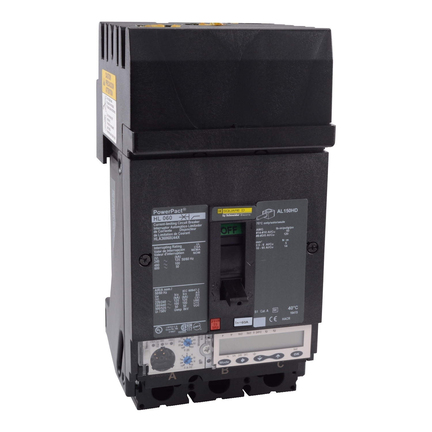 Circuit breaker, PowerPacT H, 60A, 3 pole, 600VAC, 50kA, I-Line, Micrologic 6.2A, 80%, ABC