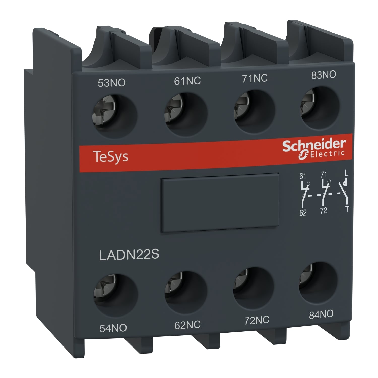 Auxiliary contact block, TeSys Deca, 2NO + 2NC, front mounting, screw clamp terminals, red front face