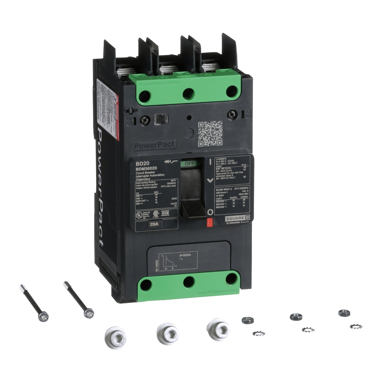 Circuit breaker, PowerPacT B, 20A, 3 pole, 600Y/347VAC, 14kA, lugs, thermal magnetic, 80%