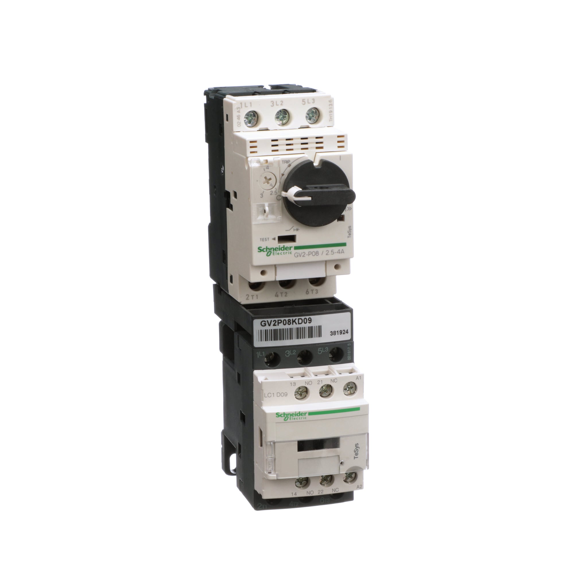 Motor Starter Kit, TeSys Deca, LC1D09B7 contactor, GV2P08 motor starter protector, 24 VAC 50/60 Hz coil, 2.5 to 4.0A trip