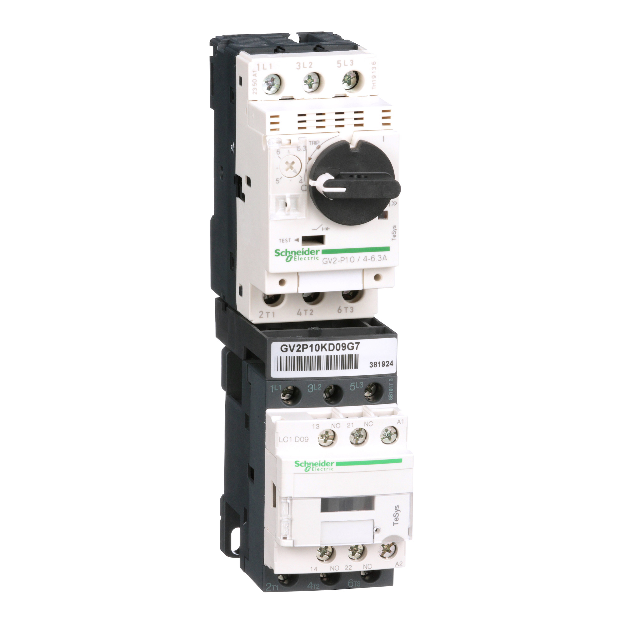 Motor Starter Kit, TeSys, LC1D09G7 contactor, GV2P10 motor starter protector, 120 VAC 50/60 Hz coil, 4 to 6.3A trip