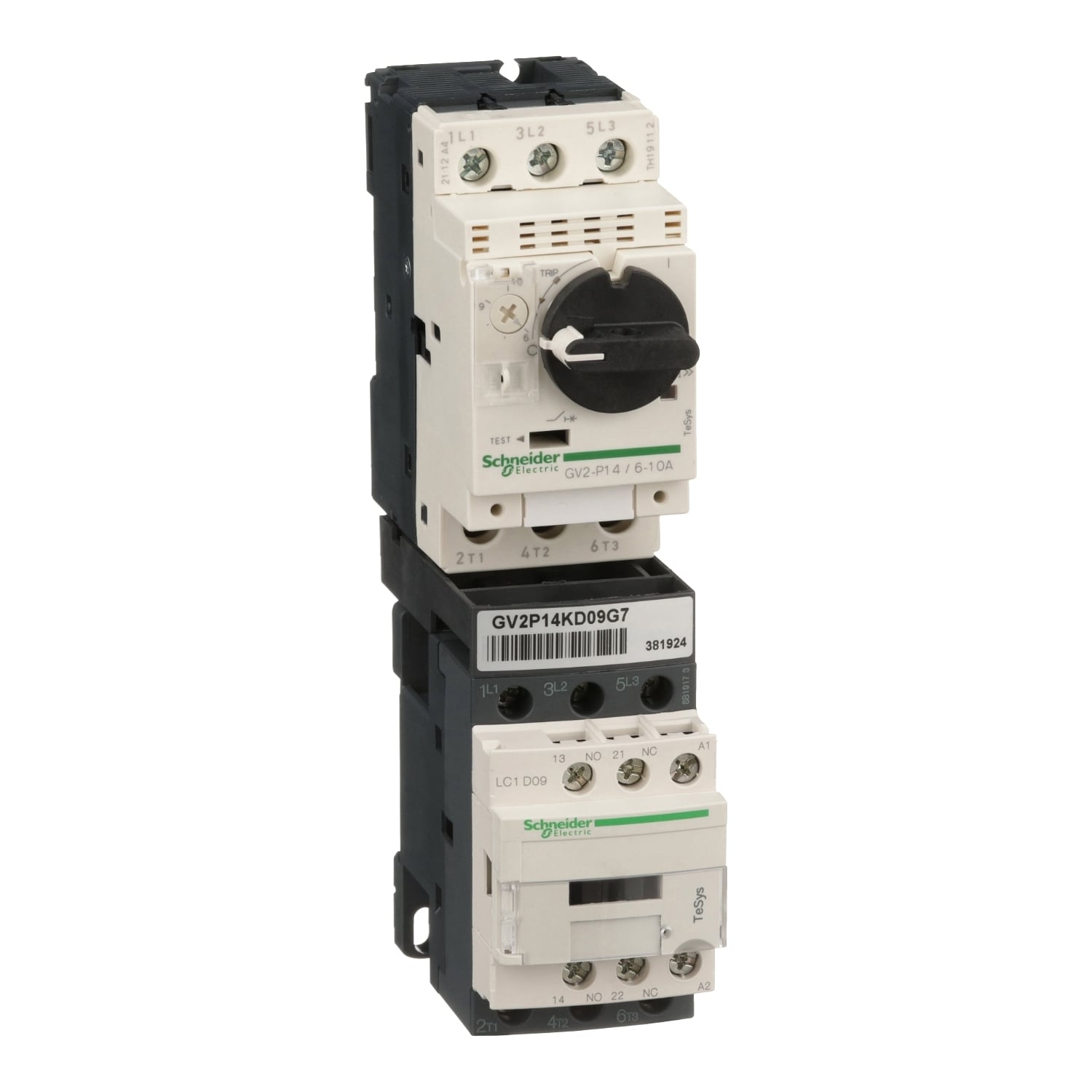 Motor Starter Kit, TeSys, LC1D09G7 contactor, GV2P14 motor starter protector, 120VAC 50/60Hz coil, 6A to 10A trip