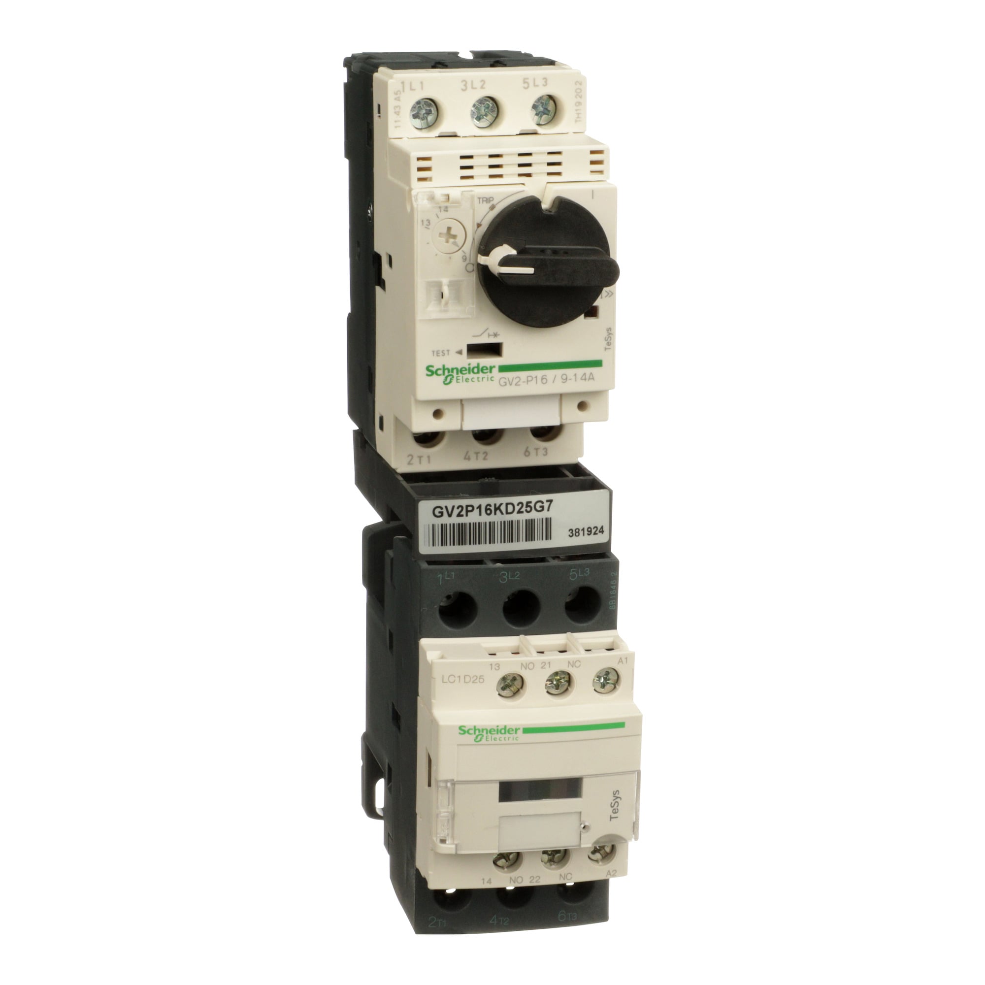 Motor Starter Kit, TeSys Deca, LC1D25G7 contactor, GV2P16 motor starter protector, 120 VAC 50/60 Hz coil, 9 to 14A trip
