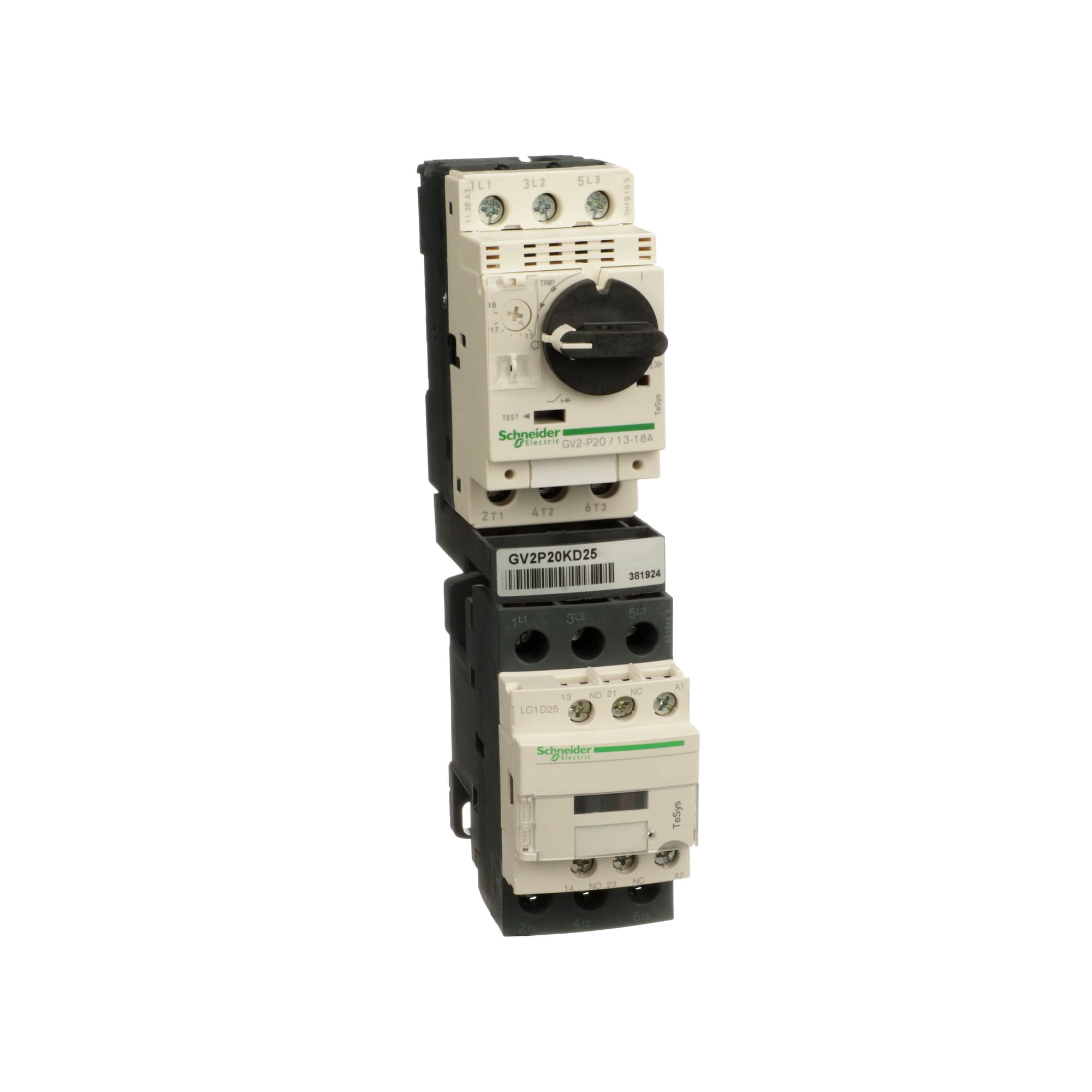Motor Starter Kit, TeSys Deca, LC1D25BL contactor, GV2P20 motor starter protector, 24 VDC coil, 13 to 18A trip