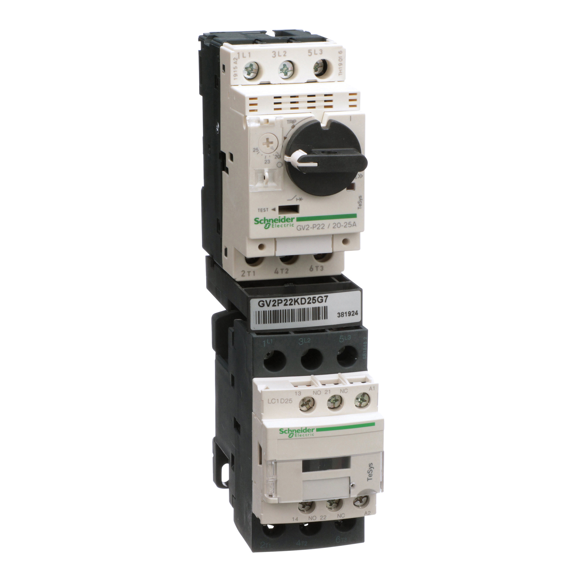 Motor Starter Kit, TeSys Deca, LC1D25G7 contactor, GV2P22 motor starter protector, 120 VAC 50/60 Hz coil, 20 to 25A trip