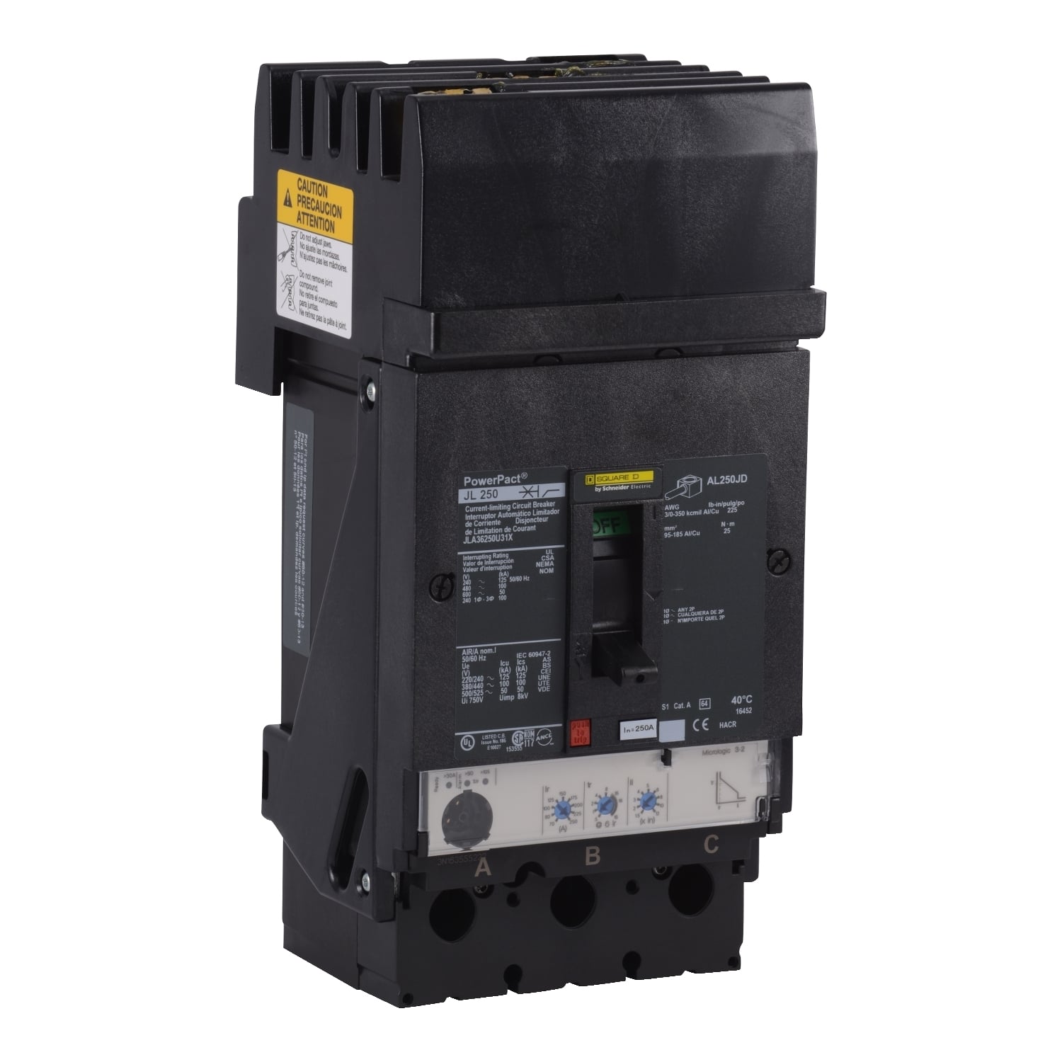Circuit breaker, PowerPacT J, 250A, 3 pole, 600VAC, 50kA, I-Line, Micrologic 3.2, 80%, ABC