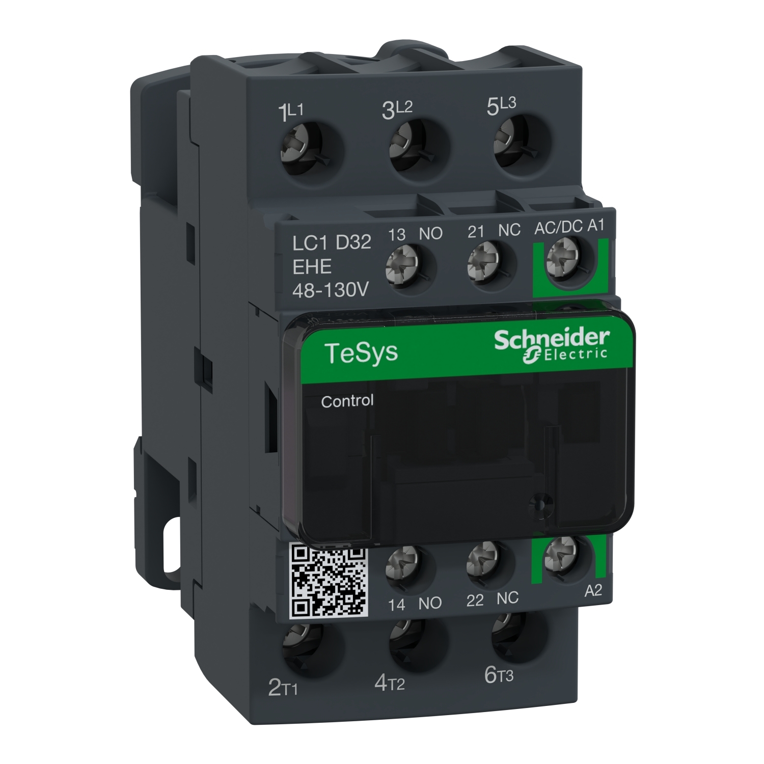IEC contactor, TeSys Deca, nonreversing, 32A, 20HP at 480VAC, up to 100kA SCCR, 3 phase, 3 NO, 48/130VAC/VDC coil