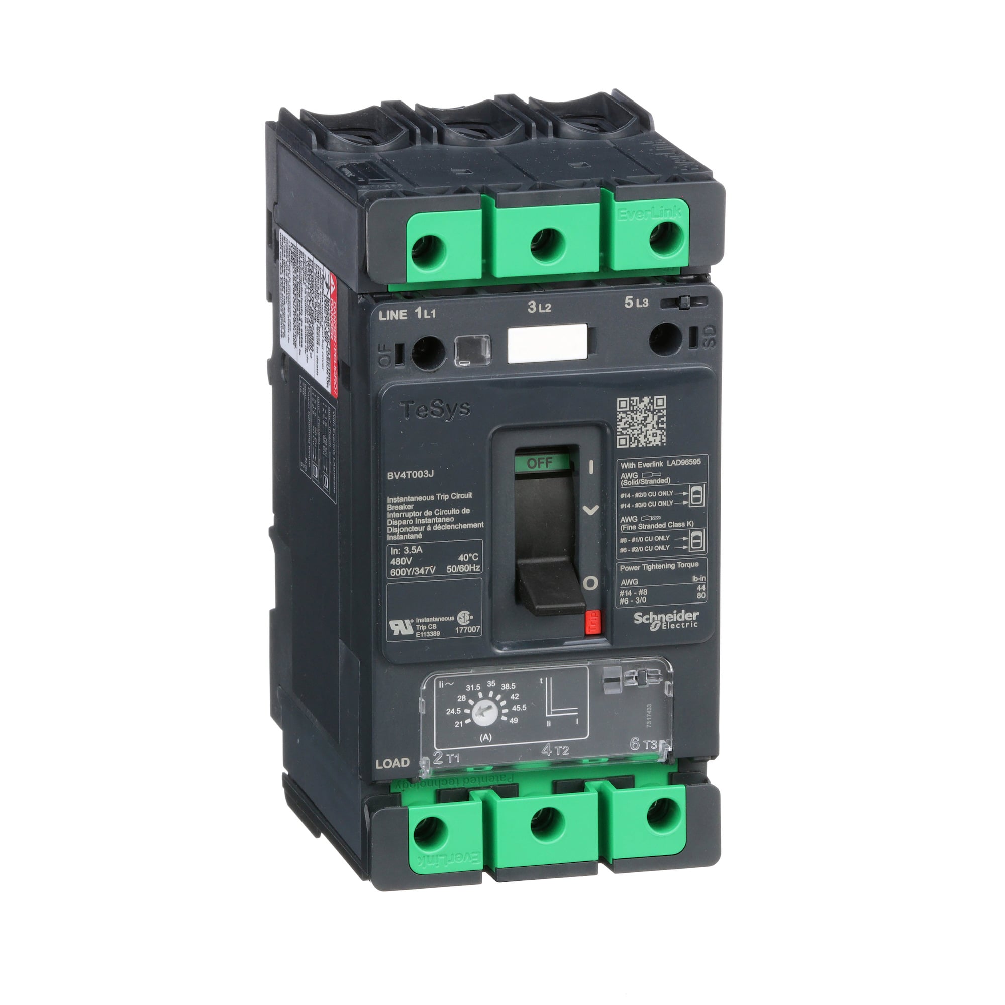 Motor Circuit Protector, TeSys BV4, high fault, 3.5A, 600Y/347 VAC, 21 to 49 instantaneous trip, up to 100kA SCCR