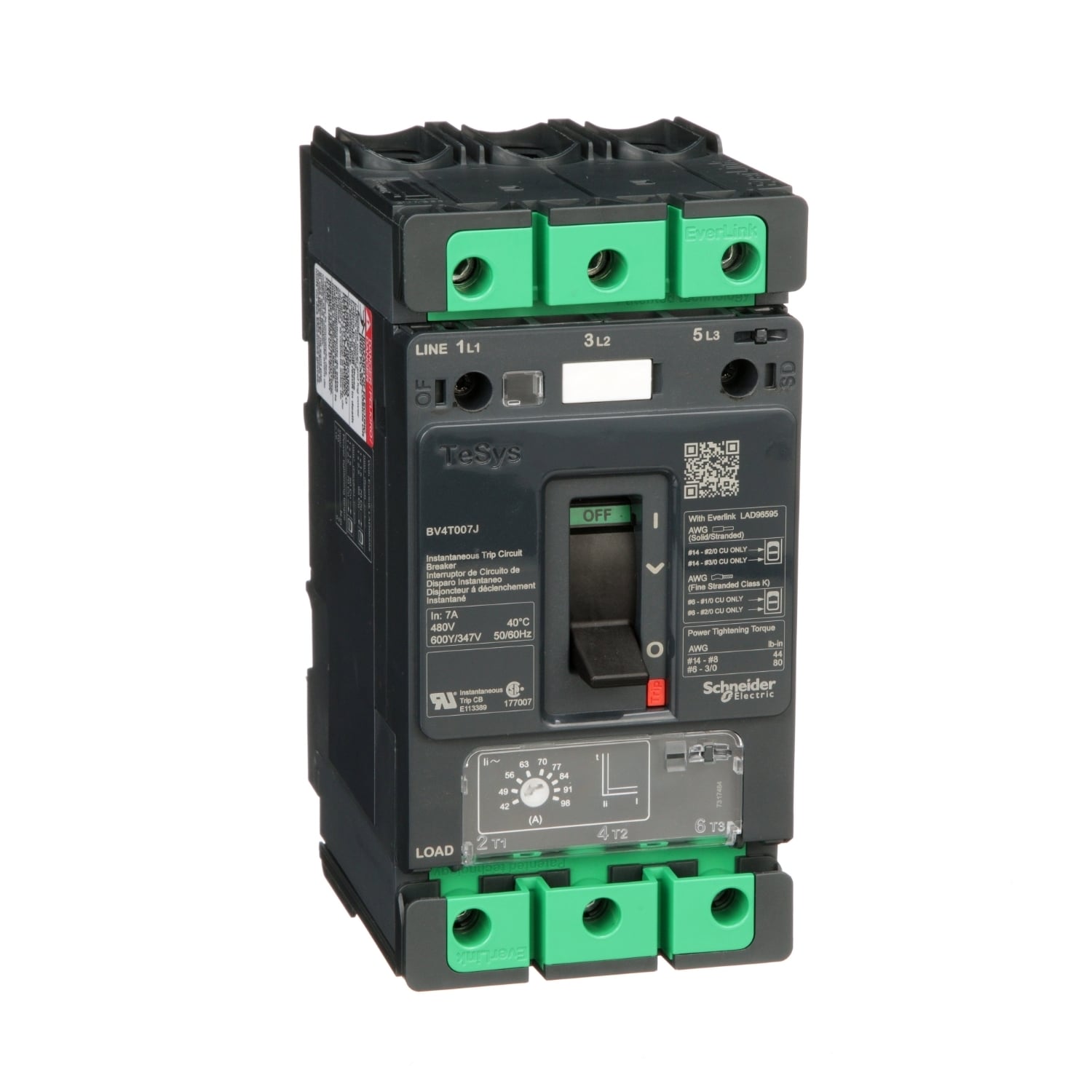 Motor Circuit Protector, TeSys BV4, high fault, 7A, 600Y/347 VAC, 42 to 98 instantaneous trip, up to 100kA SCCR