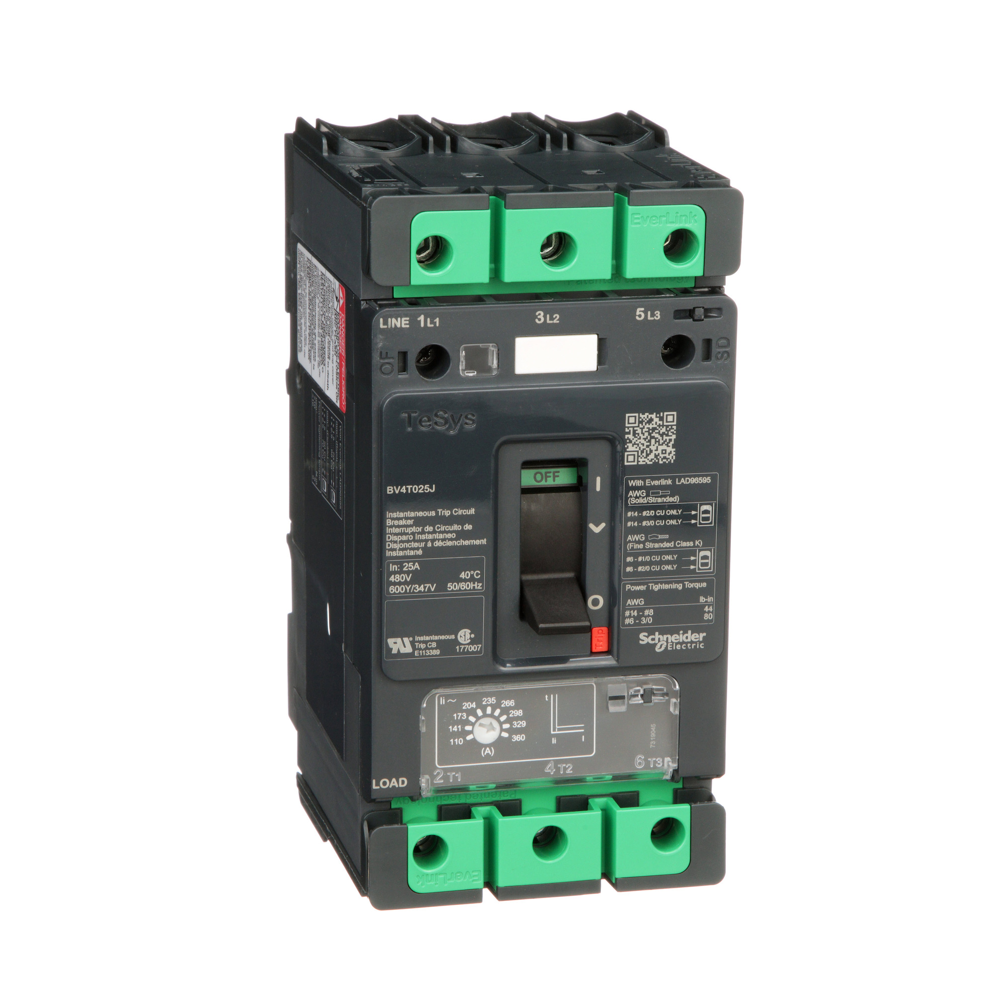 Motor Circuit Protector, TeSys BV4, high fault, 25A, 600Y/347 VAC, 110 to 360 instantaneous trip, up to 100kA SCCR