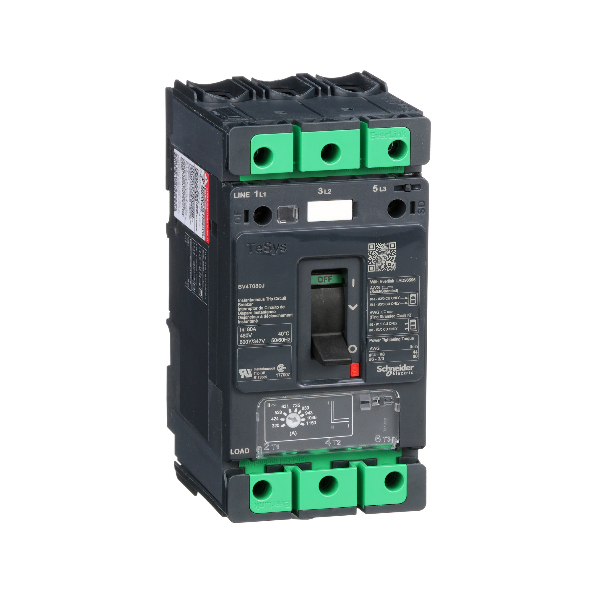 Motor Circuit Protector, TeSys BV4, high fault, 80A, 600Y/347 VAC, 320 to 650 instantaneous trip, up to 100kA SCCR