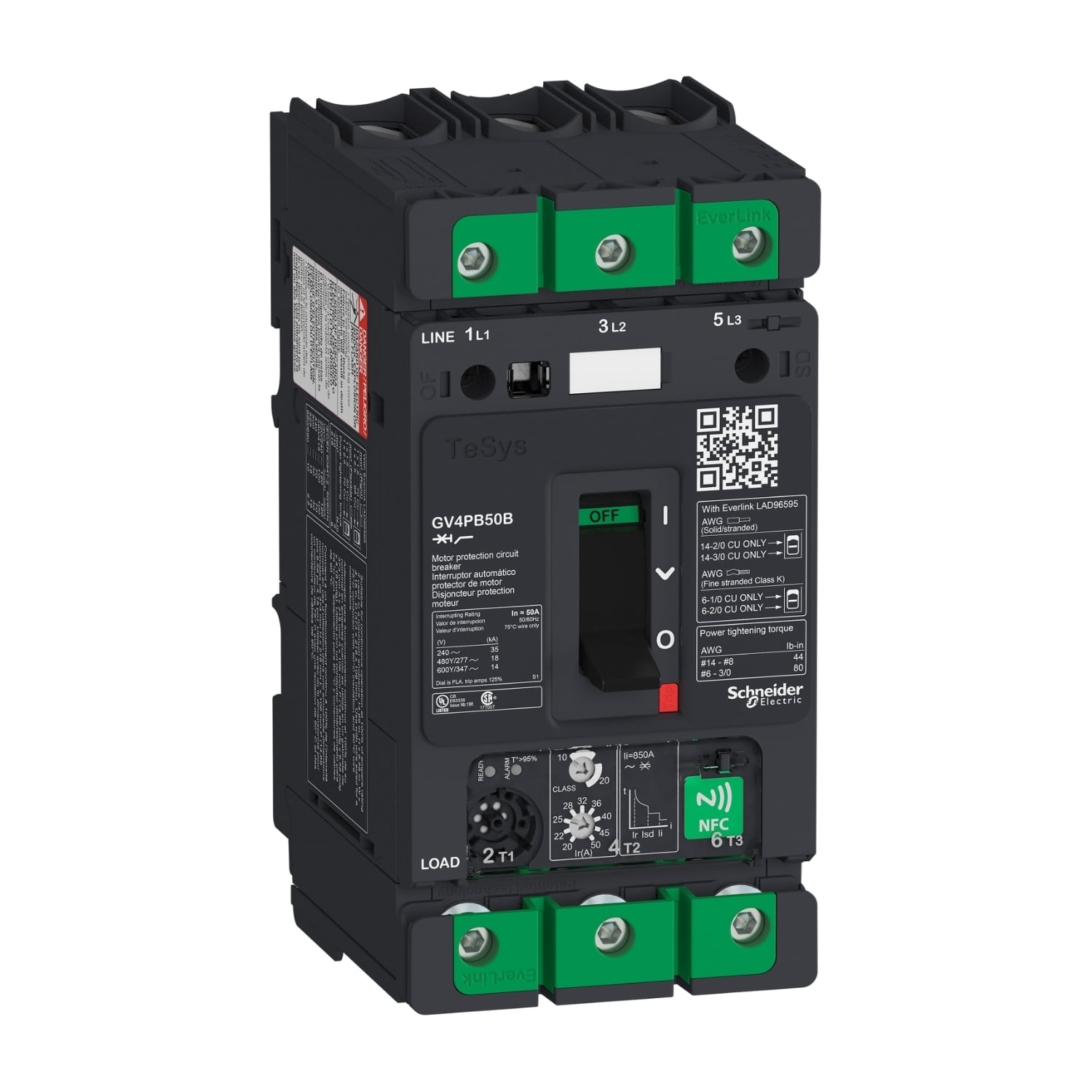 Motor circuit breaker, TeSys Deca, 3P, 50A, Icu 25kA, thermal magnetic, multifunction, UL489
