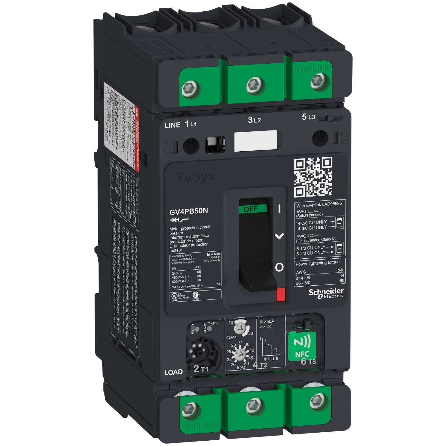 Motor circuit breaker, TeSys Deca, 3P, 50A, Icu 50kA, thermal magnetic, multifunction, UL489