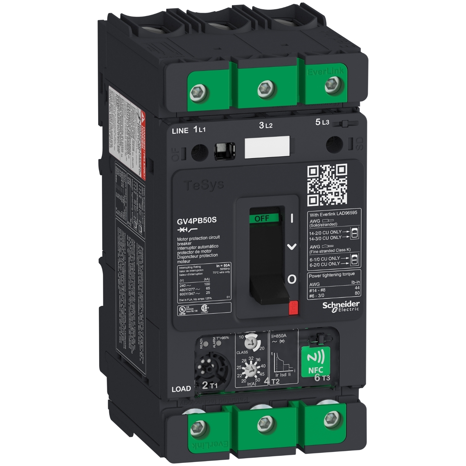 Motor circuit breaker, TeSys Deca, 3P, 50A, Icu 100kA, thermal magnetic, multifunction, UL489