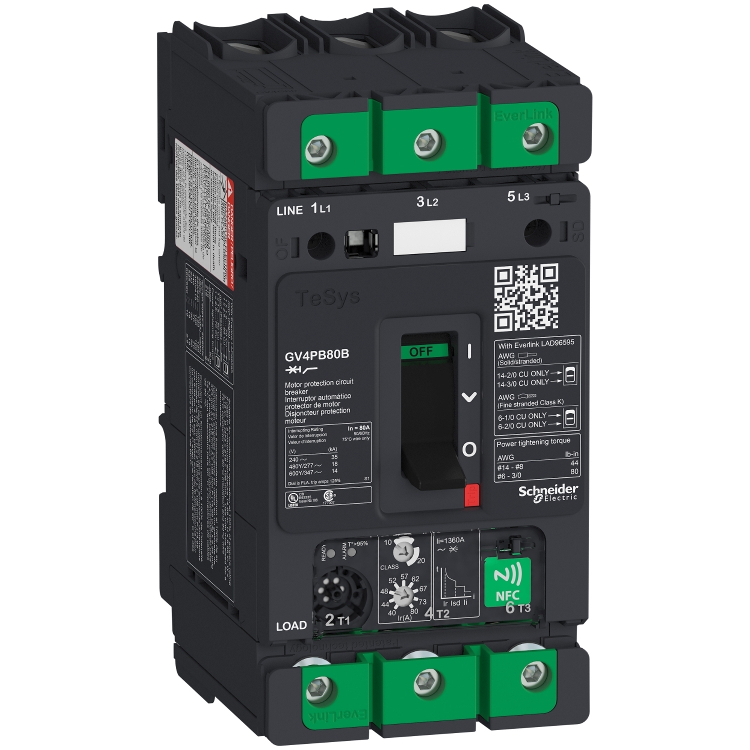 Motor circuit breaker, TeSys Deca, 3P, 80A, Icu 25kA, thermal magnetic, multifunction, UL489
