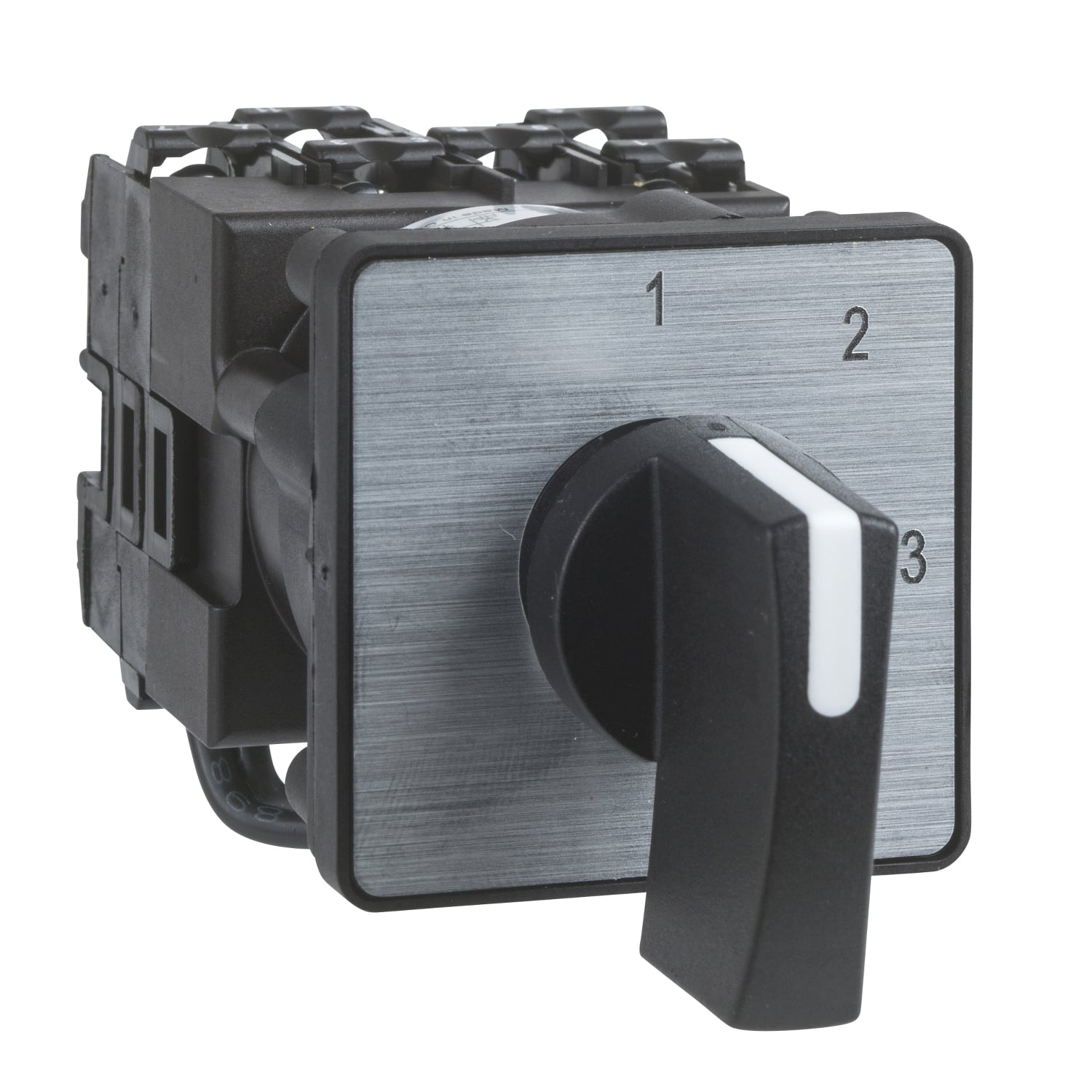 Cam ammeter switch, Harmony K, multifixing, plastic,3 positions, position 0, 90,12A, 45x45mm,metallic legend,marked 0 L1 L2 L3, 35mm black handle
