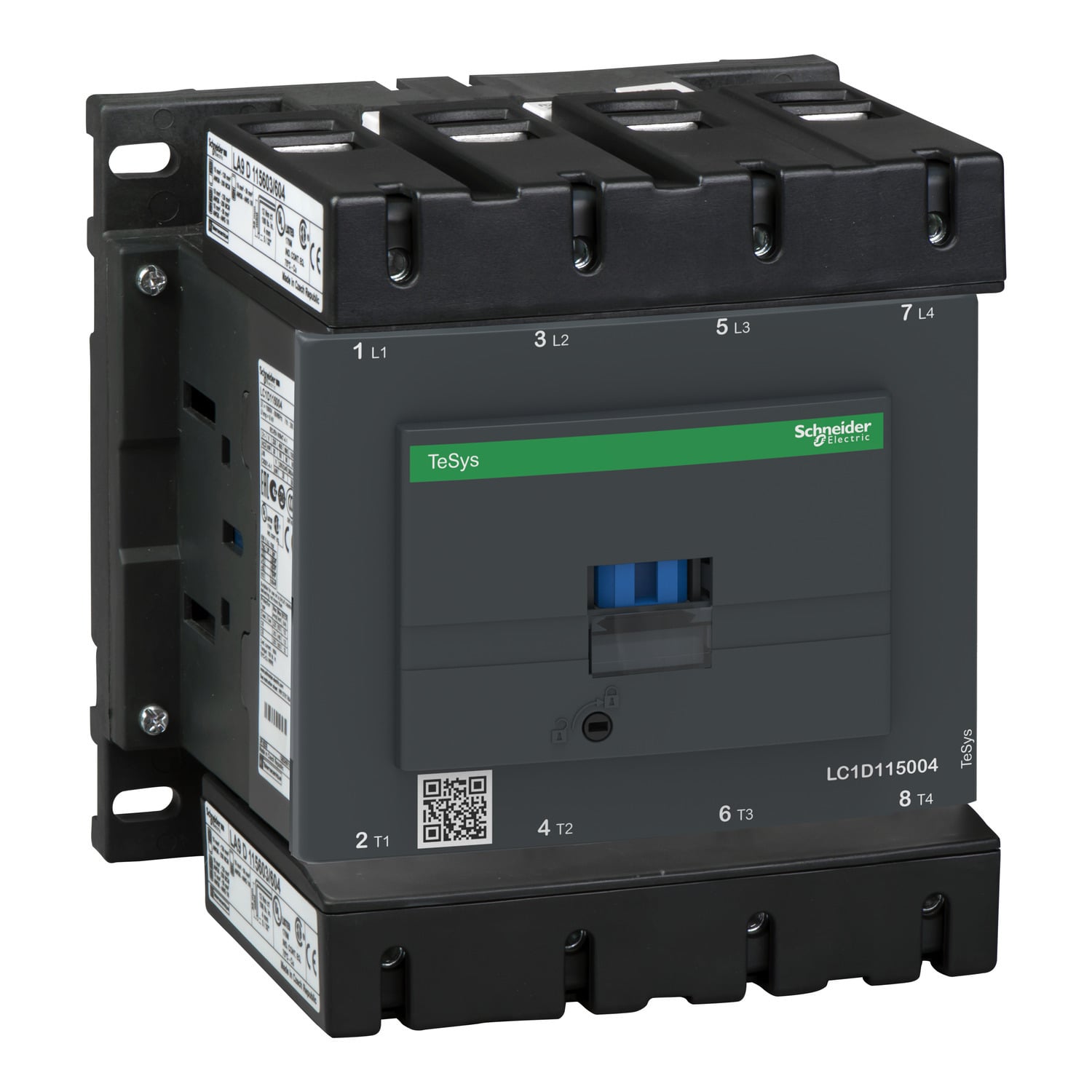IEC contactor, TeSys Deca, nonreversing, 200A resistive, 4 pole, 4 NO, 110VAC 50/60Hz coil, open style