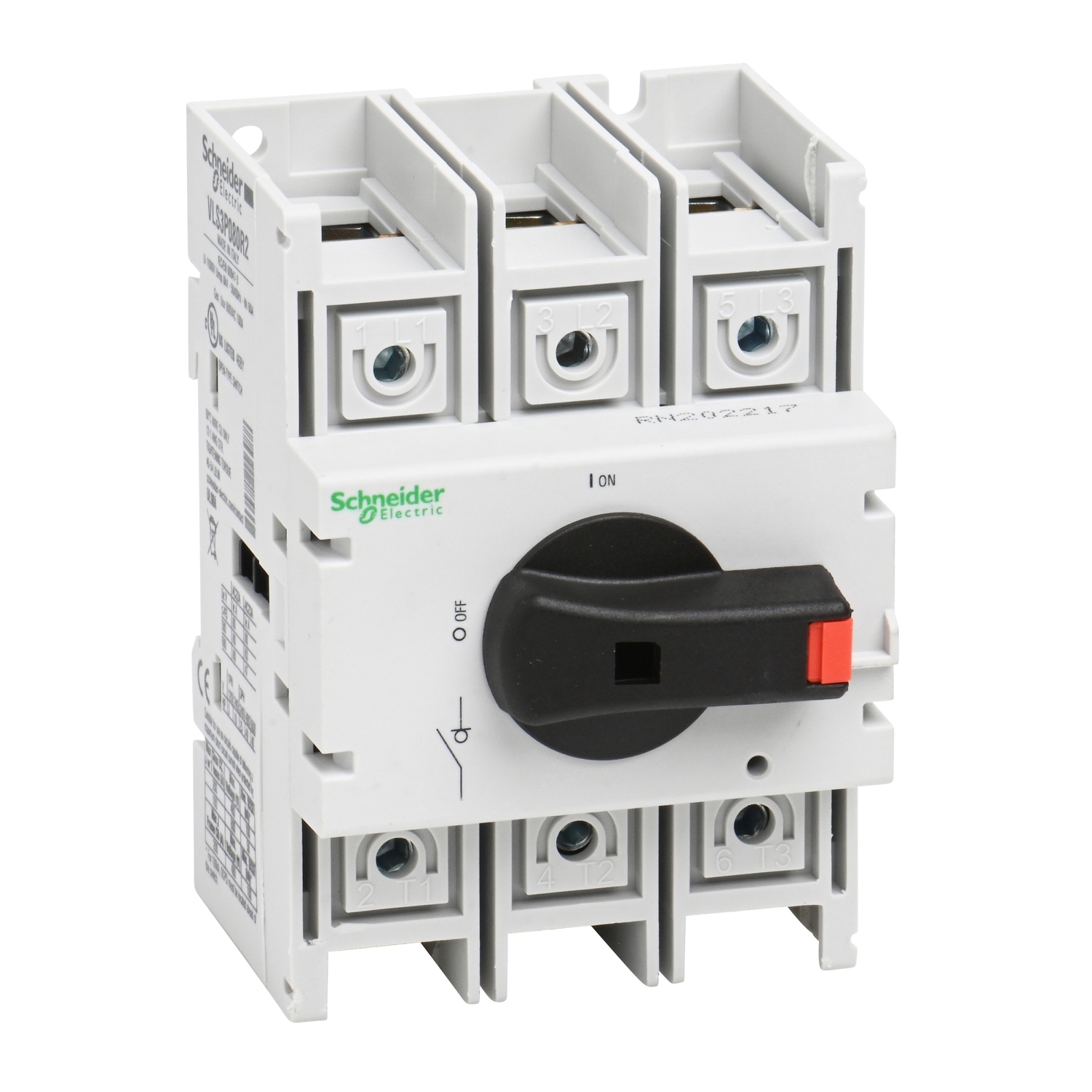 Disconnect switch, TeSys VLS, body switch, 80A, 40HP at 480VAC, UL98, three phase, 50kA SCCR, size 2, DIN rail mount