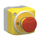Harmony XALD, XALK, Control station, plastic, yellow lid, 1 emergency stop  40, turn to release, illuminated ring white/red fixed, 1NO 1NC, 24V AC/DC