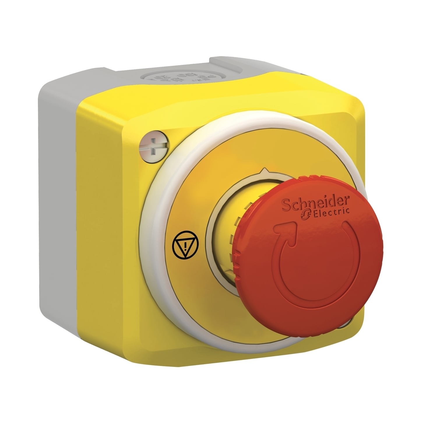 Control station, Harmony XALD, XALK, plastic, yellow lid, 1 Estop push button 40mm, turn to release, illum ring white red fixed, 1NO 2NC, 24V AC DC