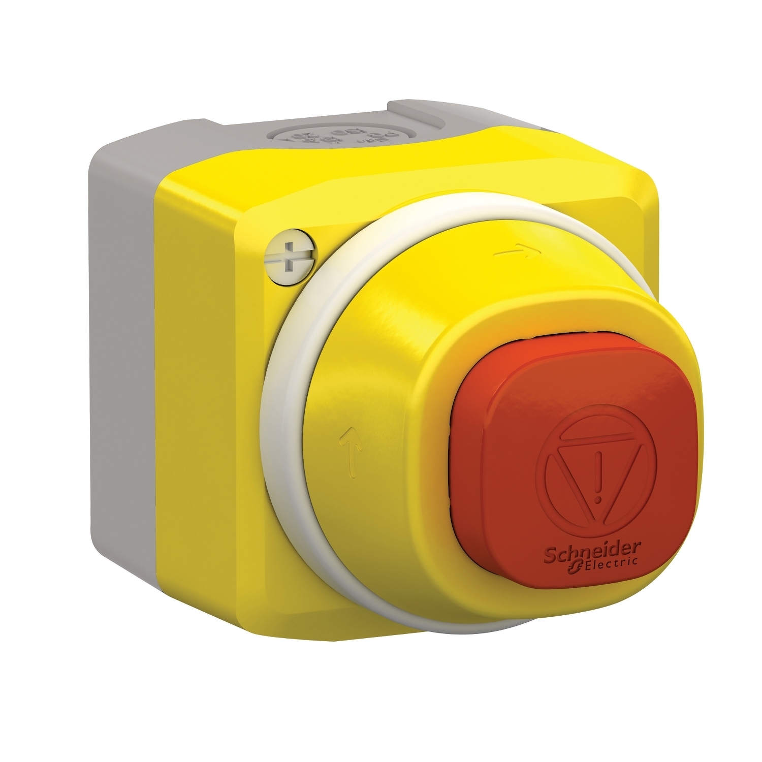 Complete control station, Harmony XALD, XALK, plastic, yellow lid, 1 illuminated emergency stop, white red fixed, turn to release, 1NO 2NC, 24V AC DC