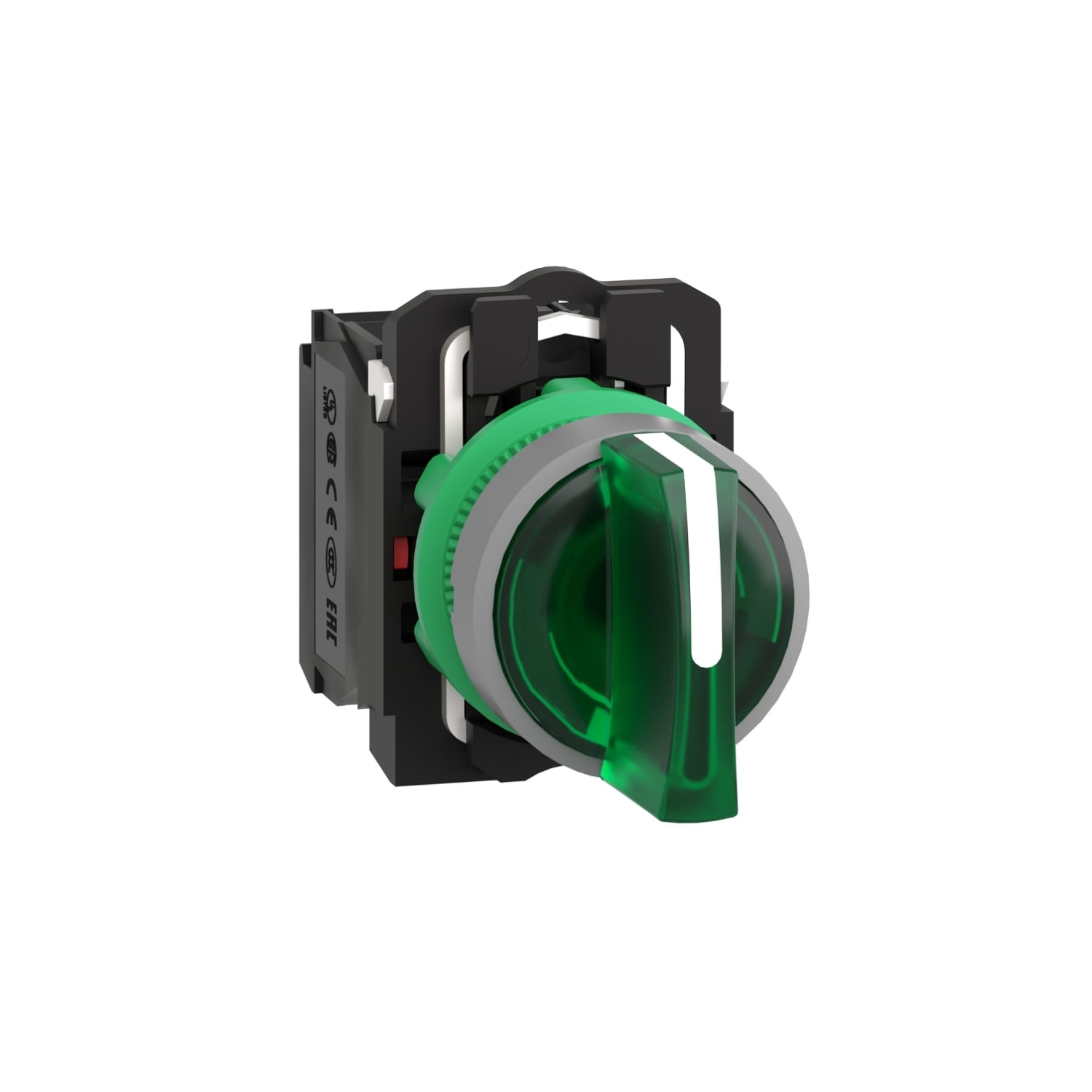 Illuminated selector switch, Harmony XB5, universal LED, grey bezel, green handle, 22mm, 3 positions, stay put, 1NO + 1NC, 24V AC DC