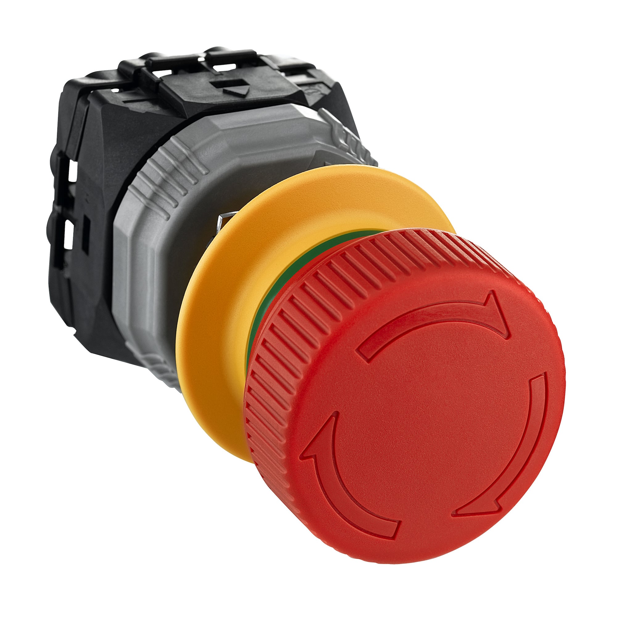 Harmony XB5, Emergency stop , plastic, red mushroom 40, 22, trigger latching turn to release, monitoring contact, 1 NO + 2 NC