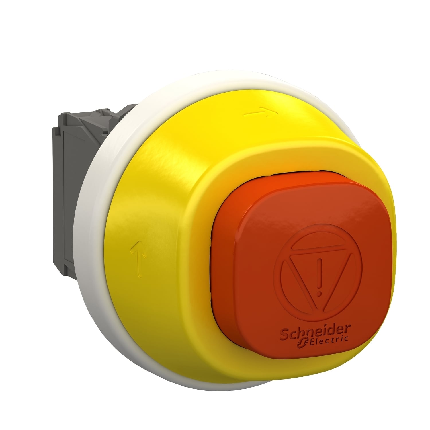 Illuminated emergency stop, Harmony XB5, plastic, 22mm, trigger latching turn to release, white red LED, 24V AC DC, 1 NO + 1 NC