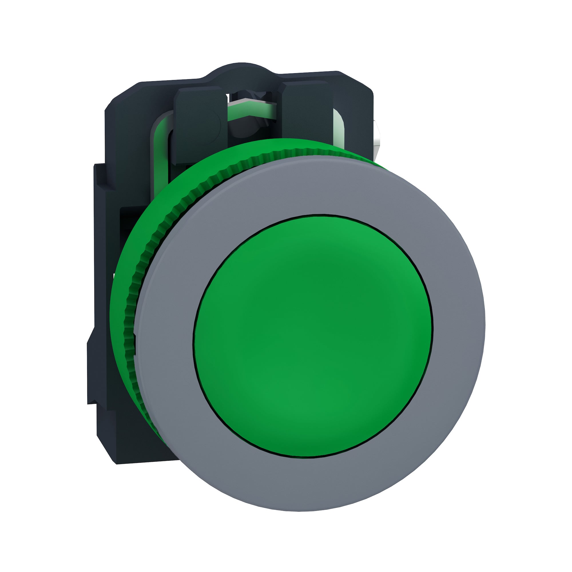 Push button, Harmony XB5, antimicrobial, grey bezel, green flush, 30mm, spring return, 1NO, unmarked