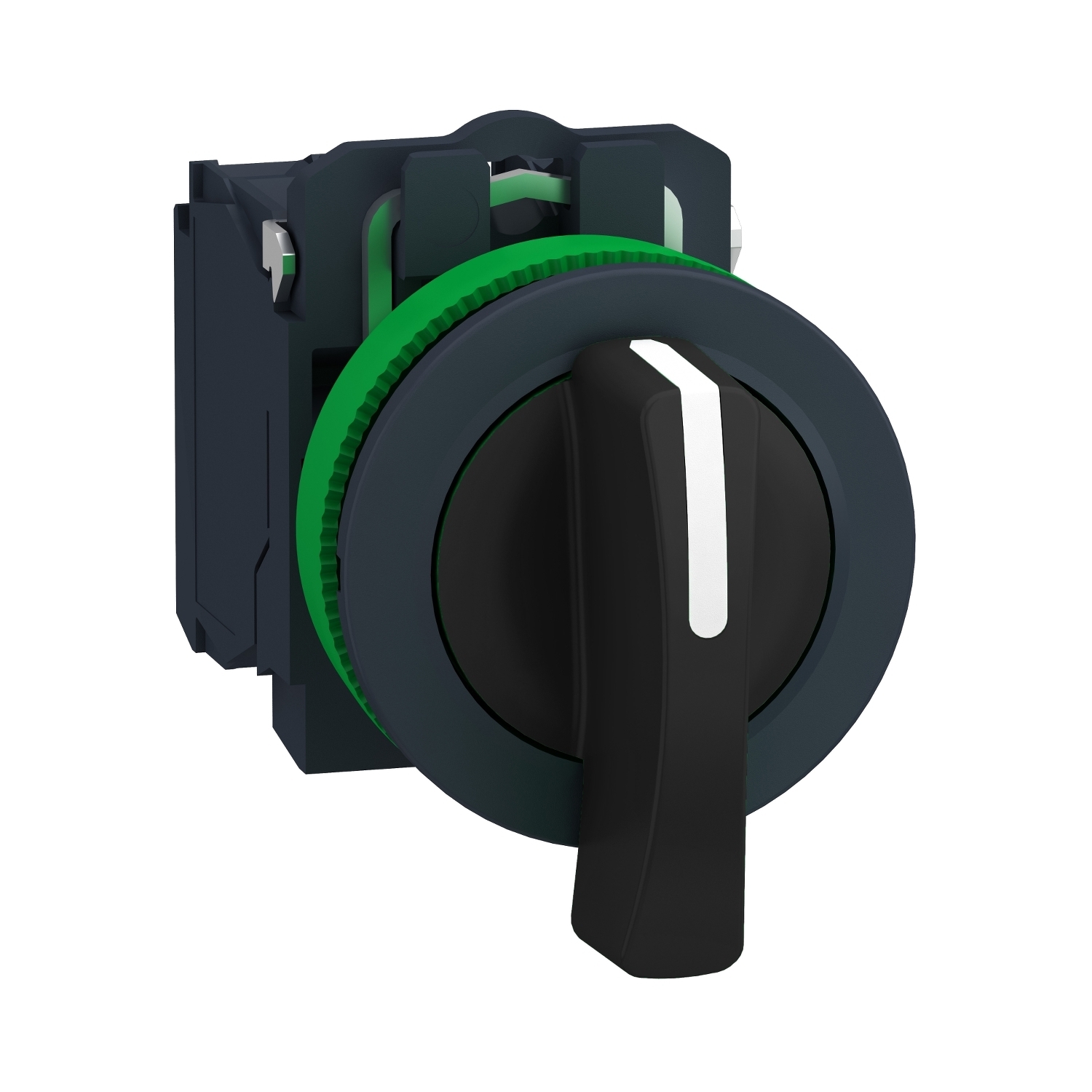 Selector switch, Harmony XB5, flush mounted, plastic, black, 30mm, long handle, 3 positions, spring return to center, 2NO