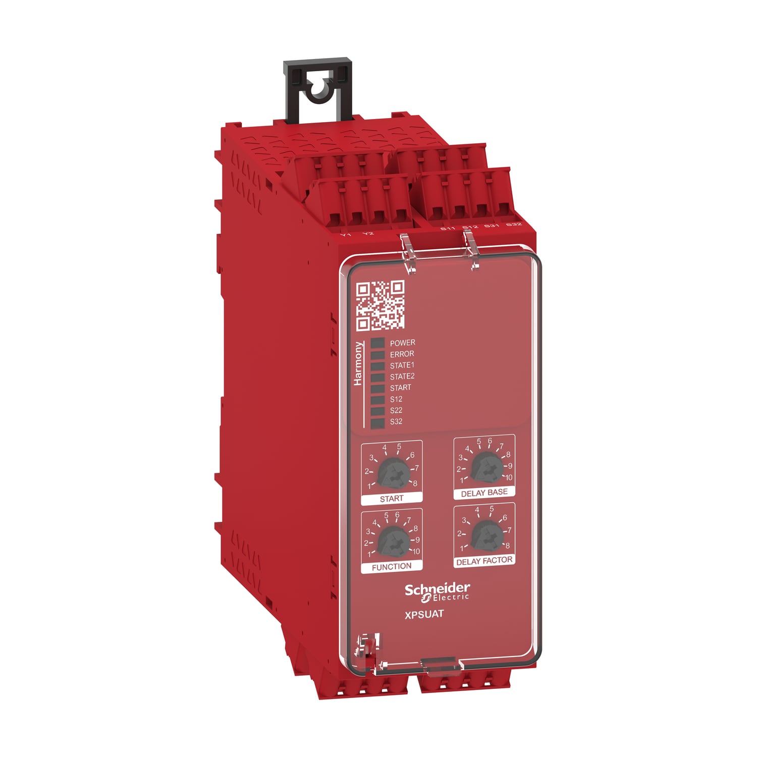 safety module, Harmony XPSU, Cat4, features XPSUAK with delayed outputs, 48 to 240V AC or DC, spring