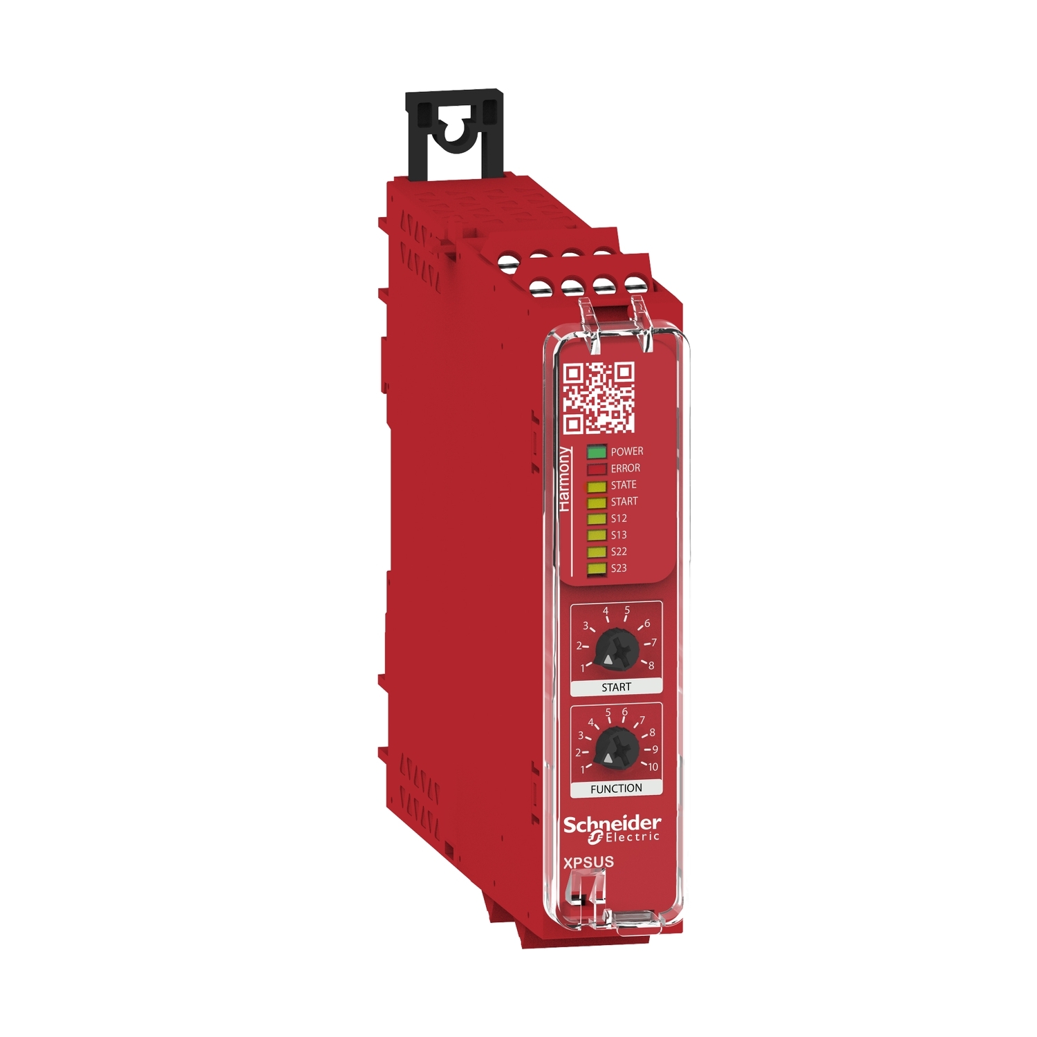 safety module, Harmony XPSU, Cat 4, features 2 x XPSUAF with enabling movement, 24V AC or DC, screw