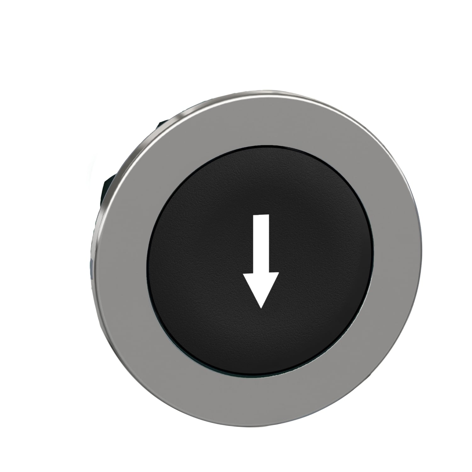 Flush mounted push button head, Harmony XB4, metal, black, 30mm, spring return, marked DOWN ARROW