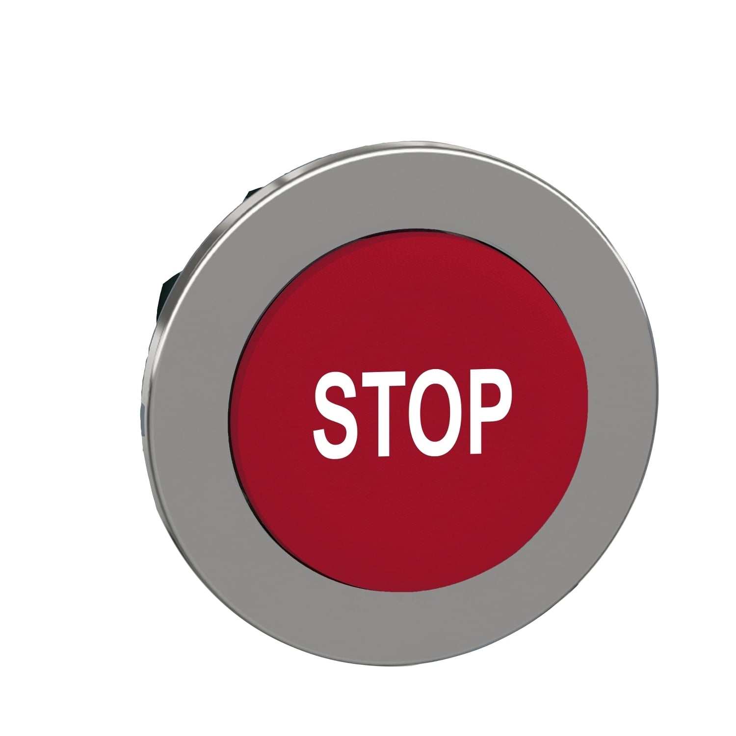 Flush mounted projecting push button head, Harmony XB4, metal, red, 30mm, spring return, marked STOP