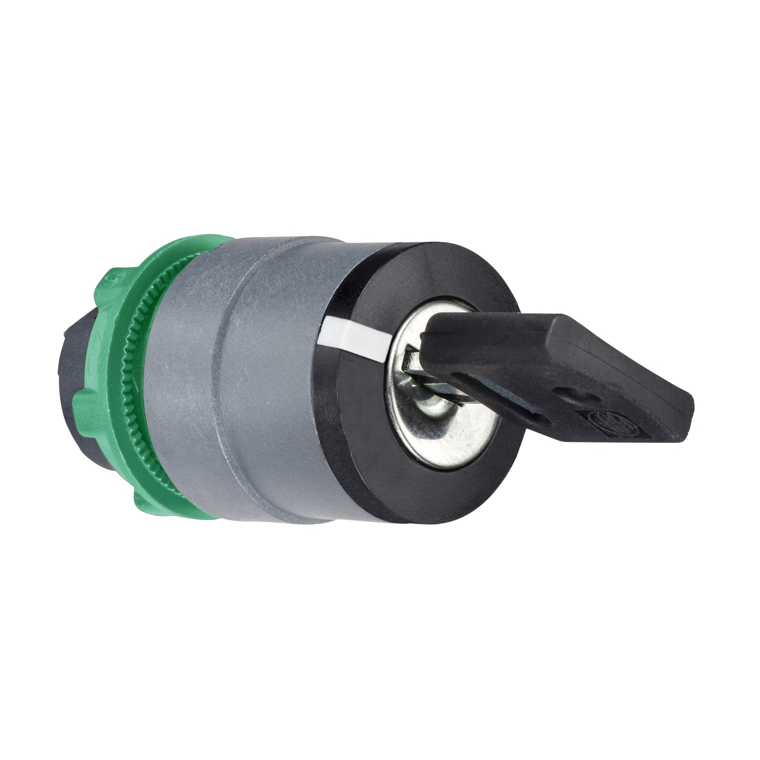 Key switch selector head, Harmony XB5, plastic, black, 22mm, key Dom 8D1, 2 positions, stay put, key withdrawal in any position, grey bezel