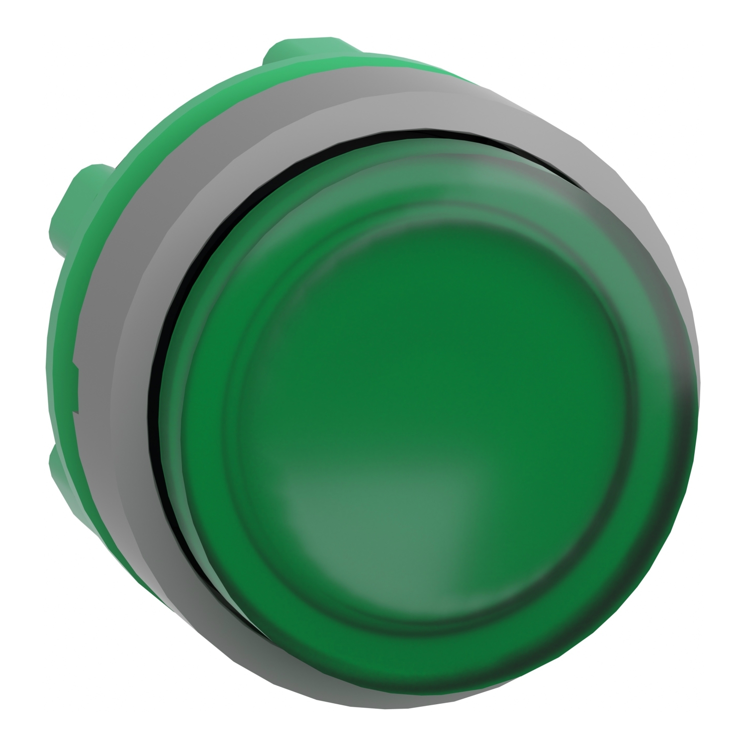 Head for illuminated push button, Harmony XB5, grey bezel, green projecting, 22mm, universal LED, spring return, plain lens