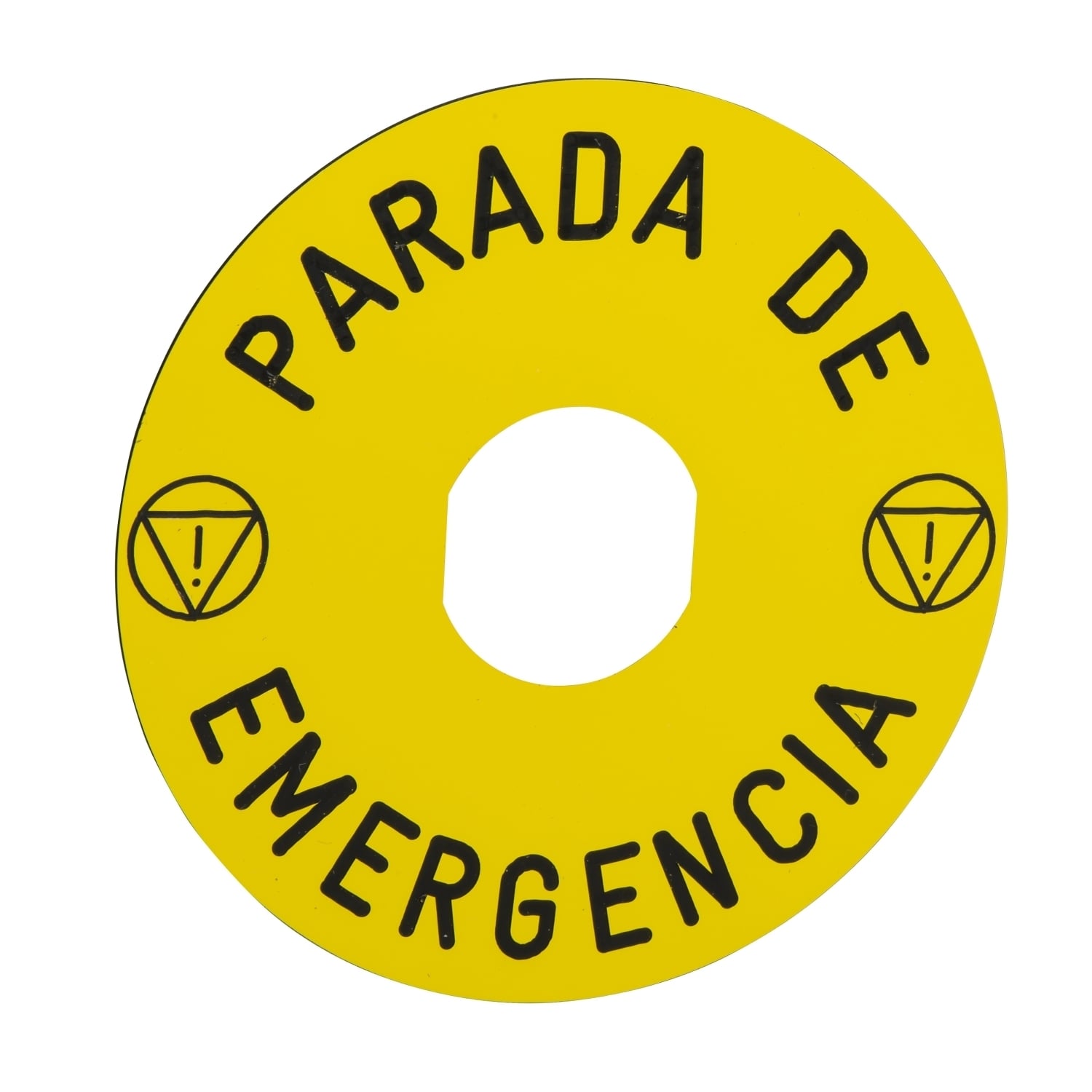 Marked legend, Harmony XB4, Harmony XB5, yellow, 90mm, for emergency stop, marked PARADA DE EMERGENCIA/logo ISO13850