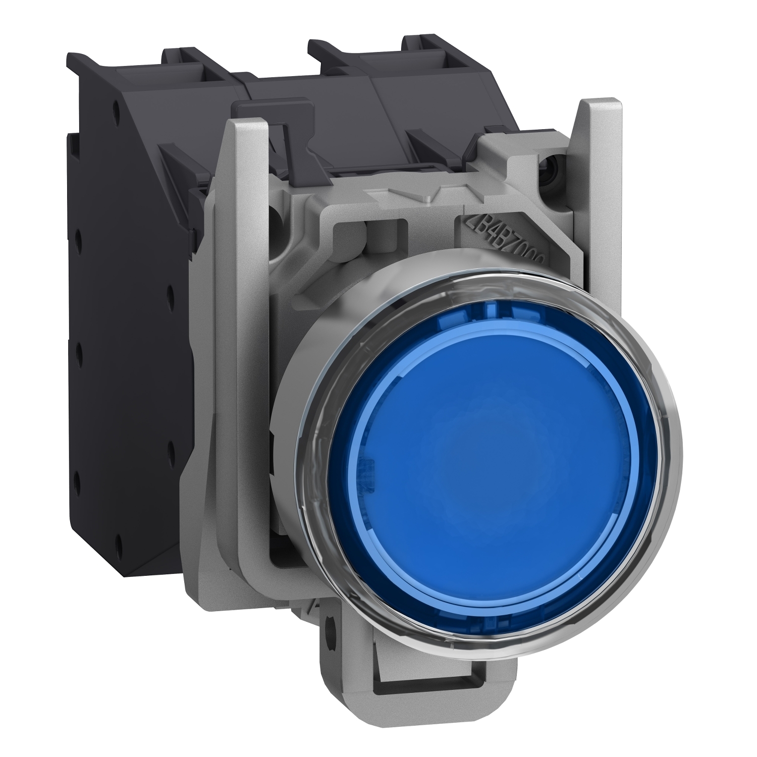 Complete illuminated push button, Harmony XB4 - ATEX D, metal, blue flush, 22mm, spring return, booted, 1NO, 24...254V AC/DC
