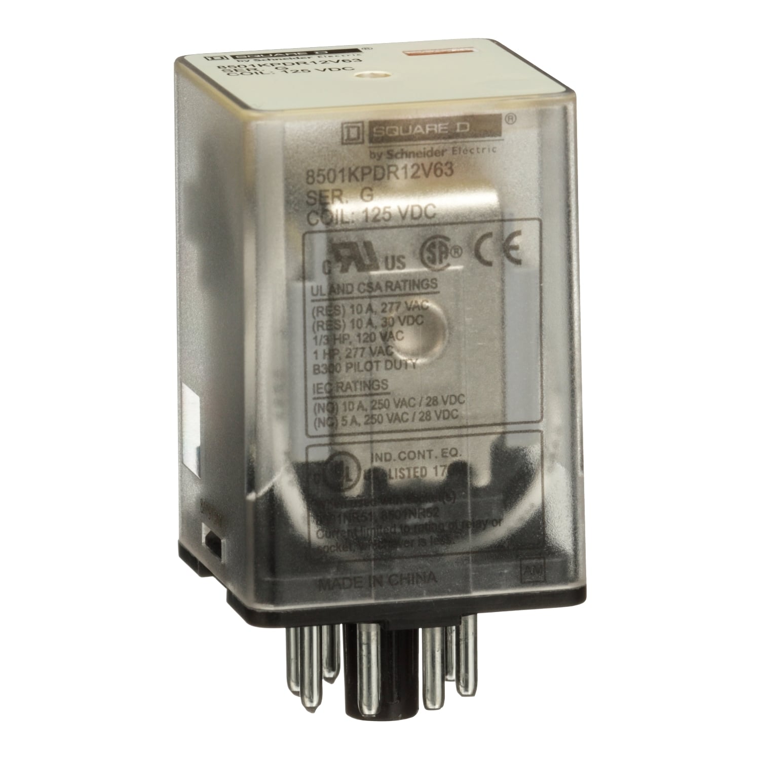 Relay, Harmony 8501K, DPDT, 8 pins, coil, 10A resistive at 120V AC, 125V DC, 1 HP at 277V AC, 2NO + 2NC