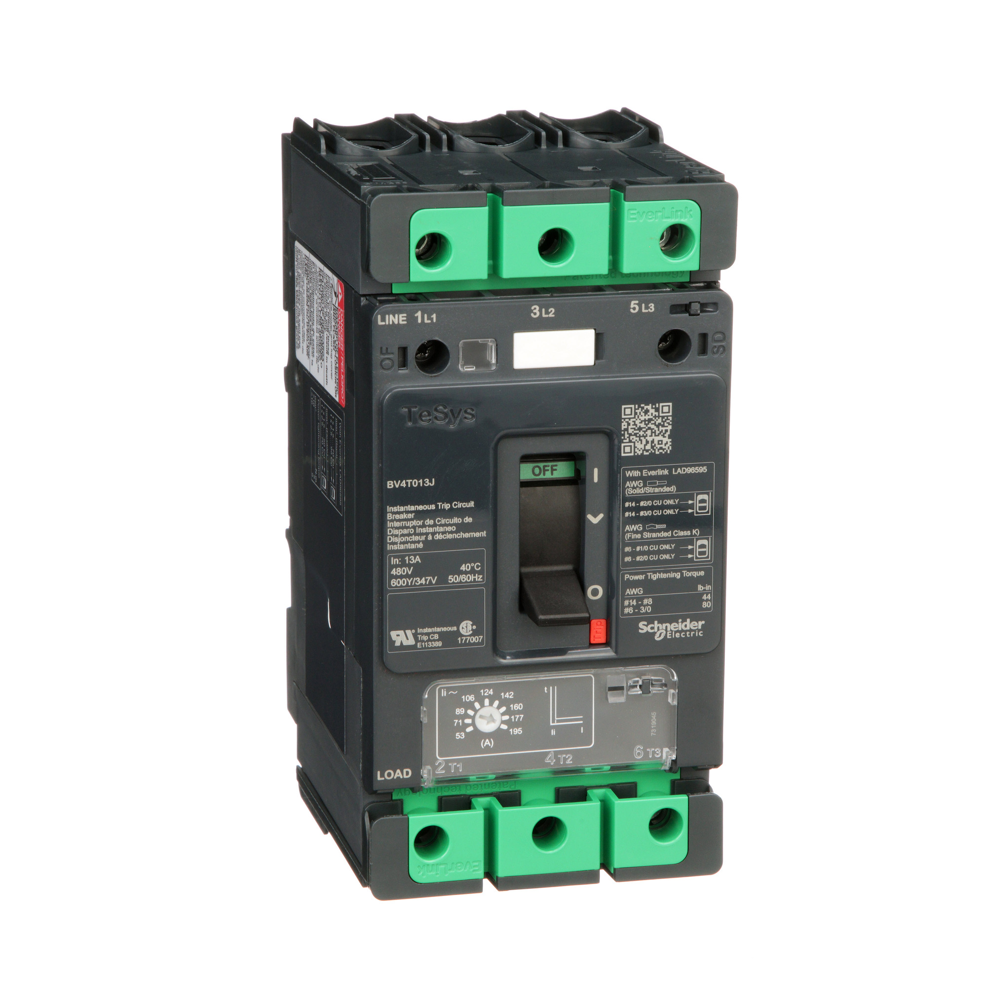 Motor Circuit Protector, TeSys BV4, high fault, 13A, 600Y/347 VAC, 53 to 195 instantaneous trip, up to 100kA SCCR